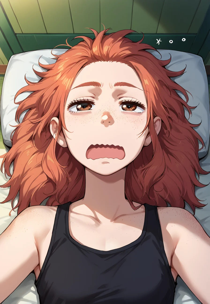 score_9_up, score_8_up, score_7_up, source_anime, <lora:DASV2:0.8>, 1girl, ginger hair, long hair, messy hair, big eyes, brown eyes, freckles, tank top, (lay, on back), sleepy eyes, yawning, wavy mouth, wavy eyebrows, meme, mem face, <lora:Risa_Koizumi_SDXL:0.7>, from above, solo, indoors, bedroom, best quality, high quality