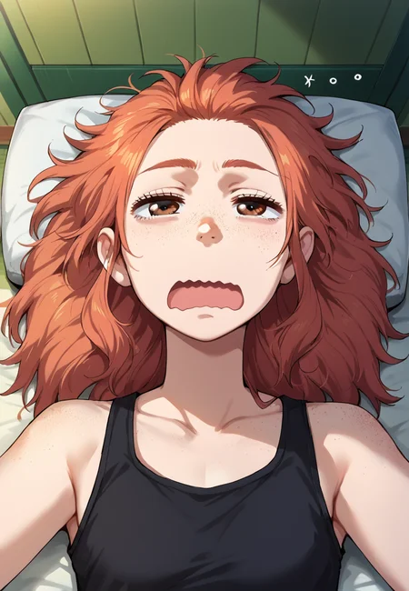 score_9_up, score_8_up, score_7_up, source_anime, <lora:DASV2:0.8>, 1girl, ginger hair, long hair, messy hair, big eyes, brown eyes, freckles, tank top, (lay, on back), sleepy eyes, yawning, wavy mouth, wavy eyebrows, meme, mem face, <lora:Risa_Koizumi_SDXL:0.7>, from above, solo, indoors, bedroom, best quality, high quality