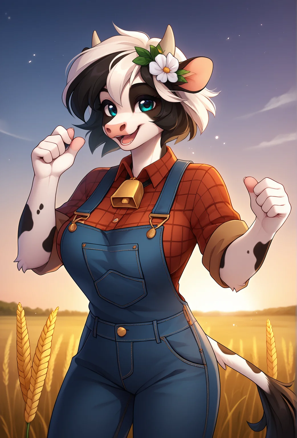 score_9, score_8_up, score_7_up, score_6_up, score_5_up, score_4_up, <lora:fluffkevlar_style_ponyXL_v1:1.0>, rating_safe, source_furry,
1girl, cow, black fur, white fur, neck bell, cowbell, overalls, hair flower, plaid shirt, sleeves rolled up, large breasts, wheat field, medium hair, black hair, white hair, tree, (happy:1.3), (sunset:1.3)