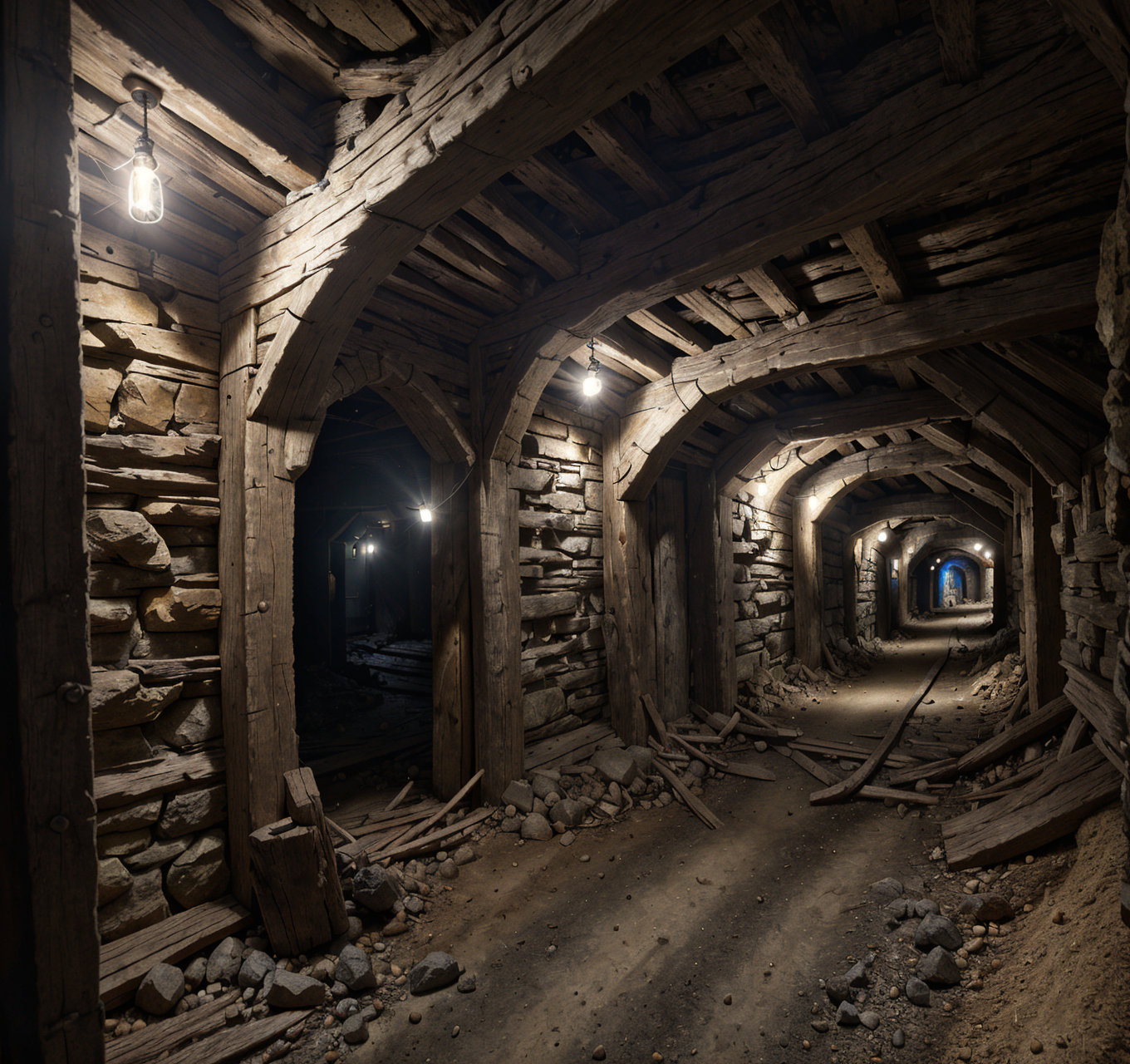 RAW photo, (masterpiece:1.3), subsurface scattering, heavy shadow, (high quality:1.4), (intricate, high detail:1.2), professional photography, HDR, High Dynamic Range, realistic, ultra realistic, photorealistic, high resolution, film photography, ambient lighting, atmospheric effects, <lora:detail_slider_v4:2>, OverallDetail,an abandoned fantasy medieval mine, interior, underground, stone walls and ceiling, torches, <lora:Underground_Mine:0.6>, undmi, epiCPhoto