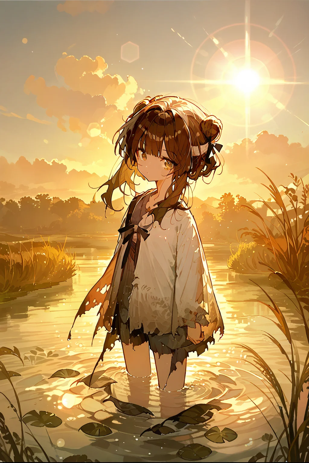 (score_9,score_8_up,score_7_up),<lora:mansui-v1:1>,mansui,1girl,solo,brown hair,wading,water,outdoors,looking at viewer,torn clothes,shirt,hair bun,closed mouth,bangs,sunset,long hair,ribbon,lens flare,sky,grass,sun,
good feet,anime,NSFW,expressive,amazing quality,ultra hd 32k,