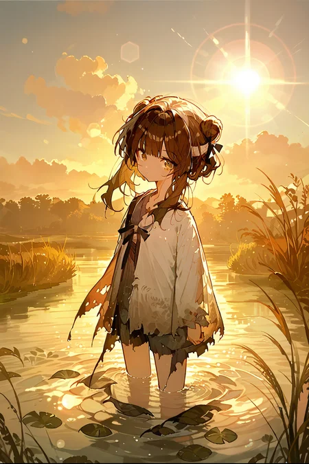 (score_9,score_8_up,score_7_up),<lora:mansui-v1:1>,mansui,1girl,solo,brown hair,wading,water,outdoors,looking at viewer,torn clothes,shirt,hair bun,closed mouth,bangs,sunset,long hair,ribbon,lens flare,sky,grass,sun,
good feet,anime,NSFW,expressive,amazing quality,ultra hd 32k,