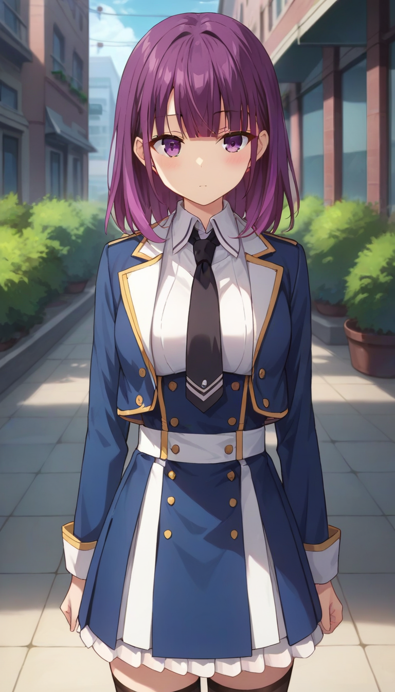 score_9,score_8_up,score_7_up,score_6_up BREAK official art,1girl,solo,outdoors,upper body,(portrait:1.5),looking at viewer,facing viewer,expressionless,blush,Mind Control Squadmate 4,medium hair,purple hair,multicolored hair,shiny hair,sidelocks,blunt bangs,purple eyes,blue jacket,cropped jacket,open jacket,wing collar,short necktie,black necktie,white shirt,collared shirt,dress shirt,long sleeves,medium breasts,double-breasted,white belt,blue skirt,high-waist skirt,pleated skirt,frilled skirt,zettai ryouiki,black thighhighs,loafers,black footwear,<lora:Mind Control Squadmate 4(sgmt)-Pony:1.2>,