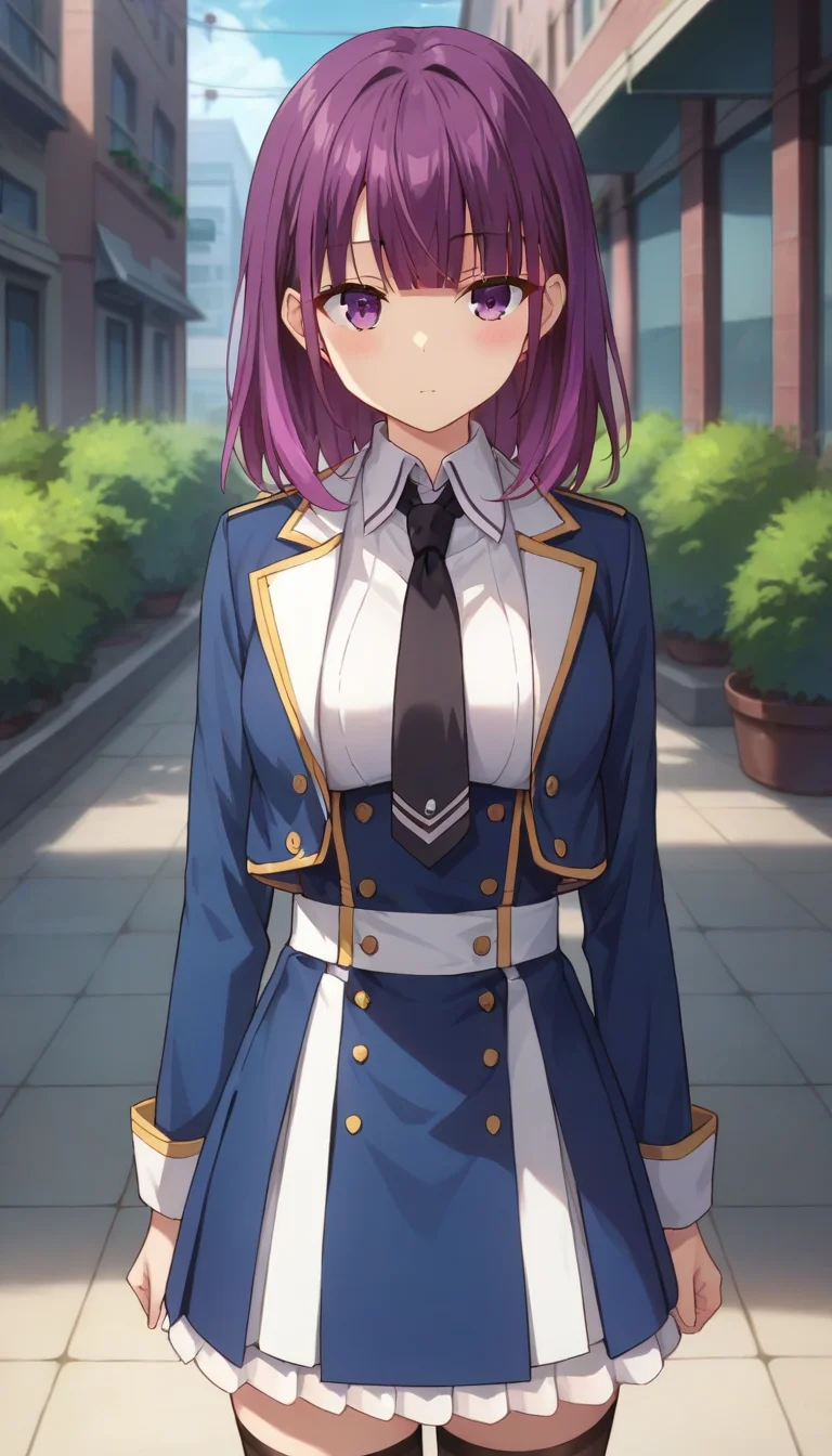 score_9,score_8_up,score_7_up,score_6_up BREAK official art,1girl,solo,outdoors,upper body,(portrait:1.5),looking at viewer,facing viewer,expressionless,blush,Mind Control Squadmate 4,medium hair,purple hair,multicolored hair,shiny hair,sidelocks,blunt bangs,purple eyes,blue jacket,cropped jacket,open jacket,wing collar,short necktie,black necktie,white shirt,collared shirt,dress shirt,long sleeves,medium breasts,double-breasted,white belt,blue skirt,high-waist skirt,pleated skirt,frilled skirt,zettai ryouiki,black thighhighs,loafers,black footwear,<lora:Mind Control Squadmate 4(sgmt)-Pony:1.2>,