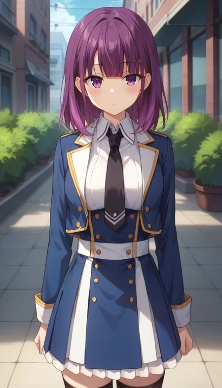 score_9,score_8_up,score_7_up,score_6_up BREAK official art,1girl,solo,outdoors,upper body,(portrait:1.5),looking at viewer,facing viewer,expressionless,blush,Mind Control Squadmate 4,medium hair,purple hair,multicolored hair,shiny hair,sidelocks,blunt bangs,purple eyes,blue jacket,cropped jacket,open jacket,wing collar,short necktie,black necktie,white shirt,collared shirt,dress shirt,long sleeves,medium breasts,double-breasted,white belt,blue skirt,high-waist skirt,pleated skirt,frilled skirt,zettai ryouiki,black thighhighs,loafers,black footwear,<lora:Mind Control Squadmate 4(sgmt)-Pony:1.2>,