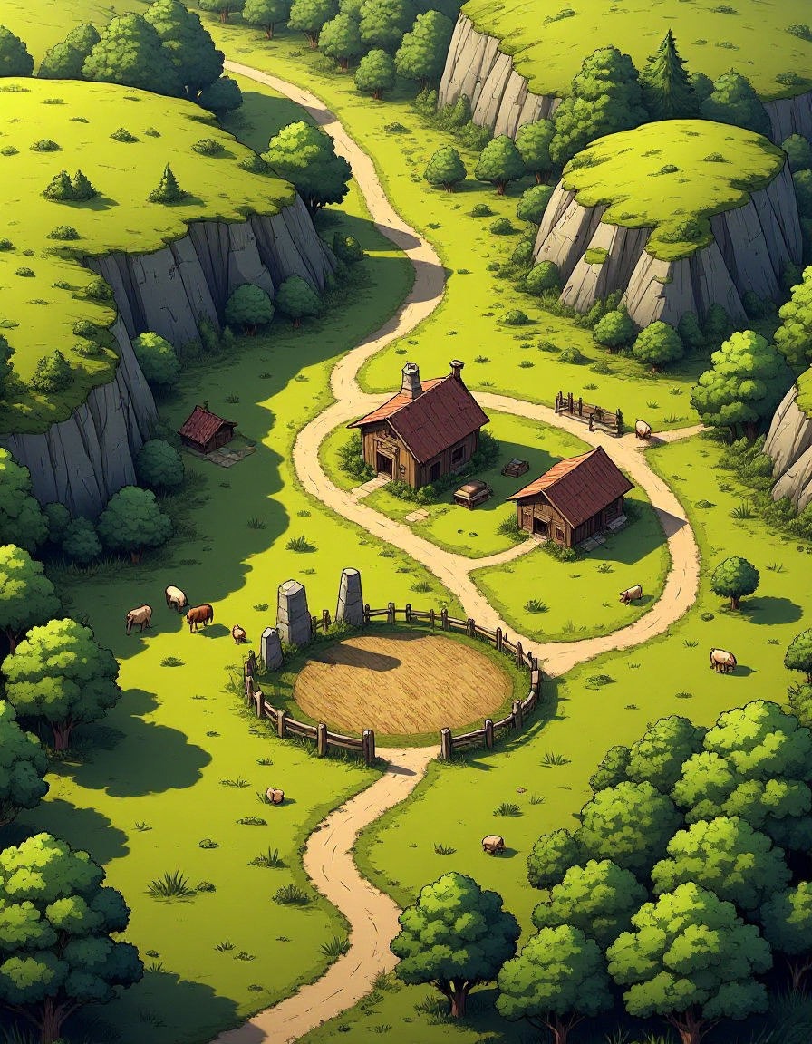 Top-down perspective of a grassland biome with rolling hills, a winding dirt path, and a circle of standing stones. A small farming village with fields and livestock is visible.