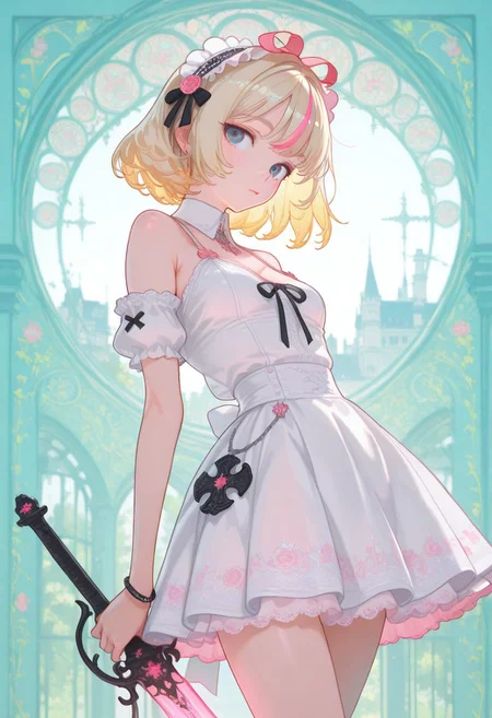 masterpiece, best quality, amazing quality, very aesthetic, absurdres, newest, dim light, dramatic lighting, highres, digital art, surreal, dynamic composition, 8K, depth of field, focused subject, best quality, (art nouveau illustration:0.9),
BREAK,
1girl, 25 years old, kawaii, cute, attractive, blonde hair, pink streaked hair, gothic make up, beautiful sundress \lace elements, gothic ornament\, gothic castle in pop art style in the background, vibrant, sensual, massive sword in hand, elegant, perfect, detailed,
BREAK,
artist_moriimee, Y0ney4m4_illu, artist_moriimee, monmon2133, fusion of the brightness of pop art style and the depressiveness of gothic style, final fantasy influence, an unexpected combination of melancholy and optimism, UFD-Illu