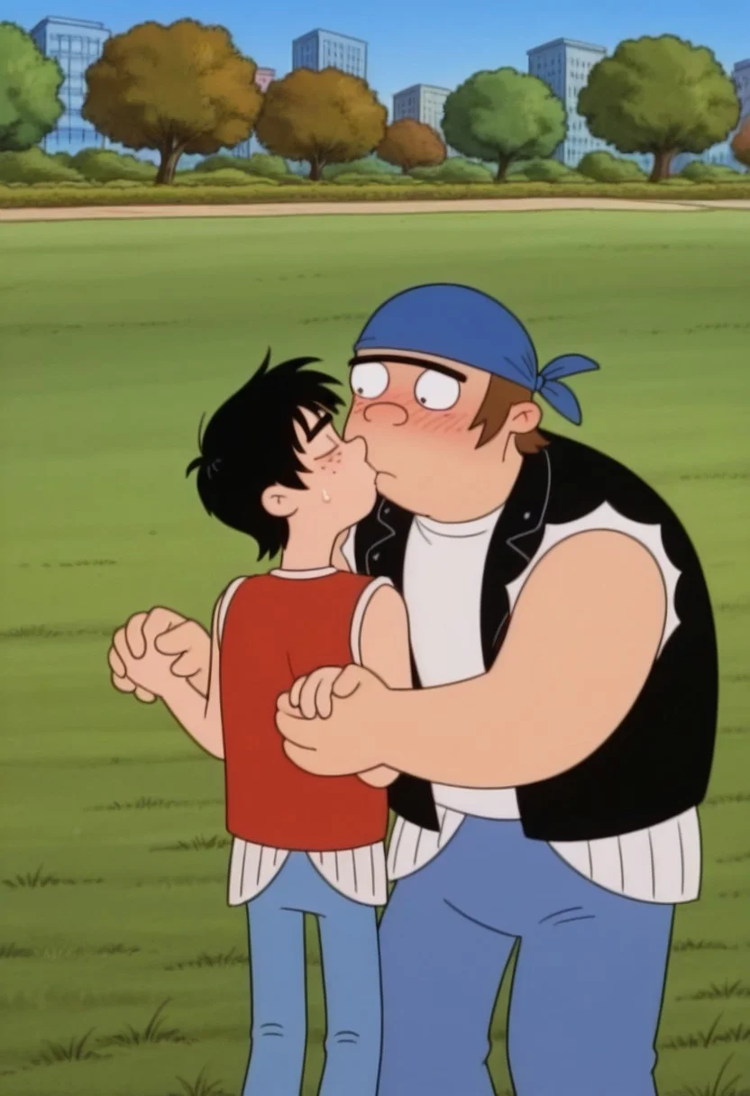 source_cartoon, score_9, score_8_up, score_7_up, High Quality, 2boys, body difference, break
torvald, 1boy, blue bandana, brown hair, black eyes, unibrow, thick eyebrow, big body, blue pants, red sleeveless shirt, black sleeveless jacket, open jacket, break
1boy, Black hair, Black eyes, short hair, Black eyebrows, thin, white shirt, blue pants, freckles, blushing,break
holding hands, Kissing, hugging, in love, gay couple, boyfriends, nervous, park, grass, blue sky, sunny,