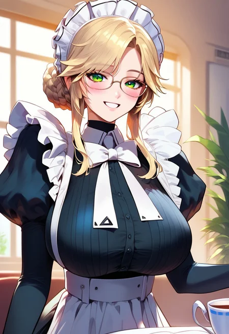 score_9, score_8_up, score_7_up, perfect, high quality, best quality, ultra-detailed, very aesthetic, illustration, perfect composition, intricate details, absurdres, high res image, masterpiece, vibrant colors, beautiful face, detailed face, 1girl, solo focus, perfect eyes, detailed eyes, female, ade, green eyes, glasses, blonde hair, bangs, braid, hair bun, pale skin, huge breasts, wide hips, huge ass, (maid, maid headdress, white bow, juliet sleeves, puffy sleeves, frills, maid apron), (blushing, small smile), (indoors, cafe)
