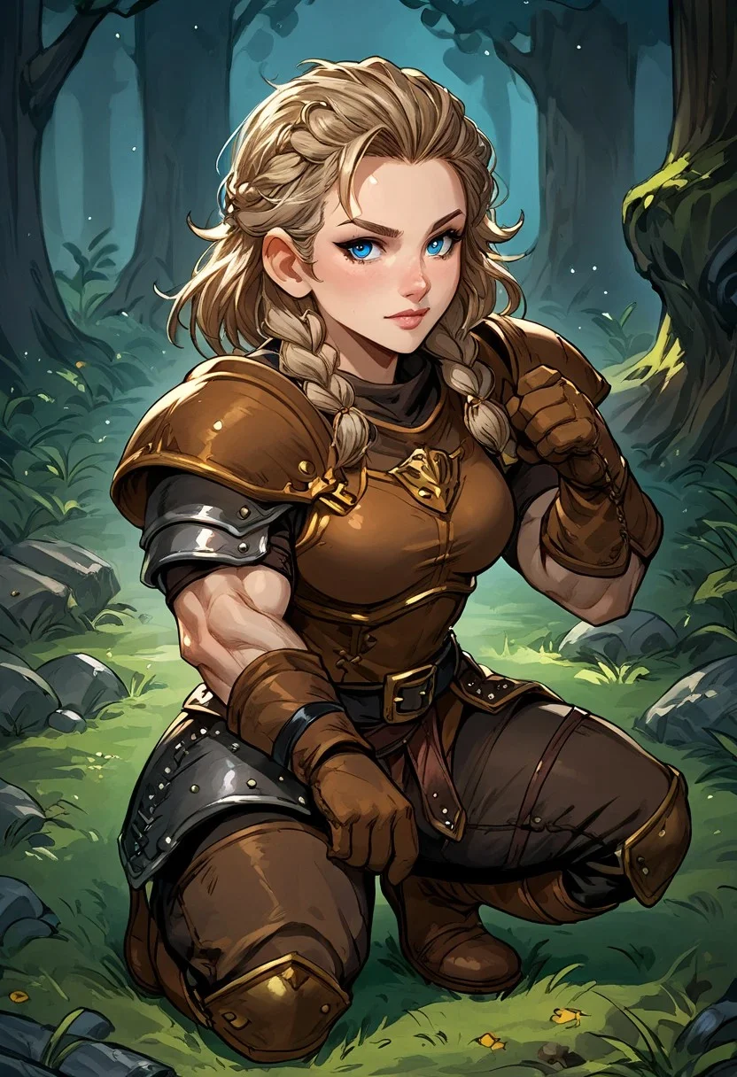 (score_9, score_8_up, score_7_up, source_anime, embedding:zPDXL, 1woman), solo, leather armor, dwarf, shortstack, mature, muscular, muscles, thick arms, broad shoulders, medium hair, light brown hair, braids, blue eyes, leather gloves, leather boots, outdoors, pants, kneeling on one knee, night time, dark forest, cgi, full body shot, Expressiveh, gbfpxnl, <lora:granblue_fantasy_v2:0.45>, <lora:Expressive_H:1>, negative_hand