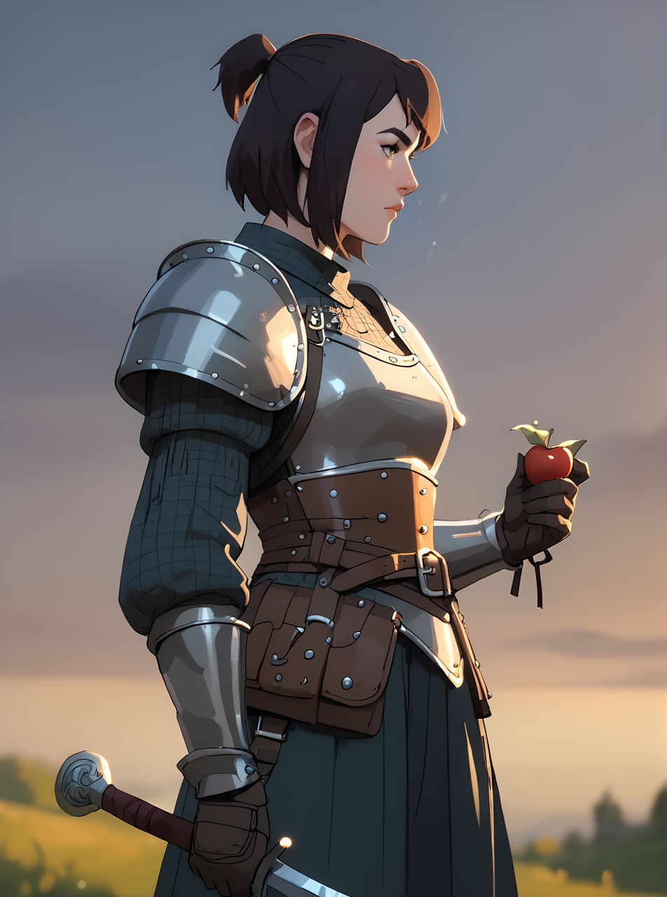 score_9, score_8_up, score_7_up, <lora:maddiekpxl:1>, maddiekpxl, 1girl, short ponytail, wearing rpg outfit, armor, medieval, holding bow, cartoon,  western animation, archer