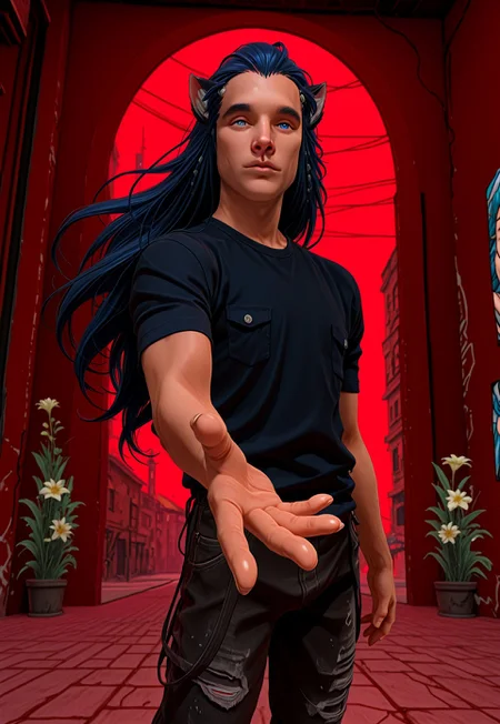 masterpiece, very aesthetic, best quality, absurdres, newest, SMN0UV34UDSK, art nouveau, 1boy, tobias x'voor, animal ears, blue hair, graffiti, cat ears, long hair, red background, road, shirt, solo, outstretched hand, close-up, looking at viewer, cinematic angle, foreshortening, dark, black space, flowers, arc en ciel , negative space, belle époque, jugendstil, secession, liberty, guimard, mucha, klimt, fin de siècle, anime screencap, retro art style, flat color,