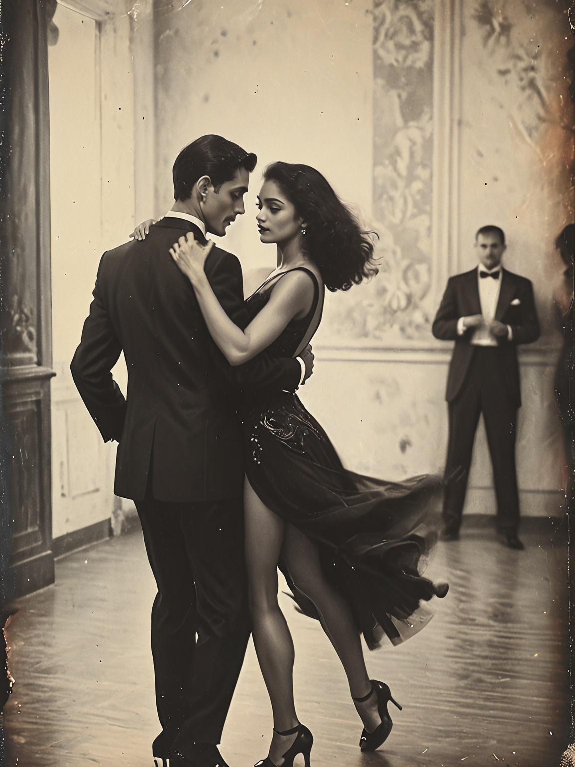 35mm Vintage photo of beautiful artwork illustration, (portrait composition:1.5), ballroom couple of dancers dancing together, beautiful woman, latina,highly detailed face,perfect makeup, long legs, lowcut back, BREAK goodlooking man, tall, black tuxedo, BREAK  ((best quality)), ((masterpiece)), (detailed),  <lora:Vintage_Street_Photo:0.8>