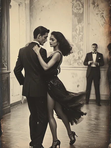 35mm Vintage photo of beautiful artwork illustration, (portrait composition:1.5), ballroom couple of dancers dancing together, beautiful woman, latina,highly detailed face,perfect makeup, long legs, lowcut back, BREAK goodlooking man, tall, black tuxedo, BREAK  ((best quality)), ((masterpiece)), (detailed),  <lora:Vintage_Street_Photo:0.8>