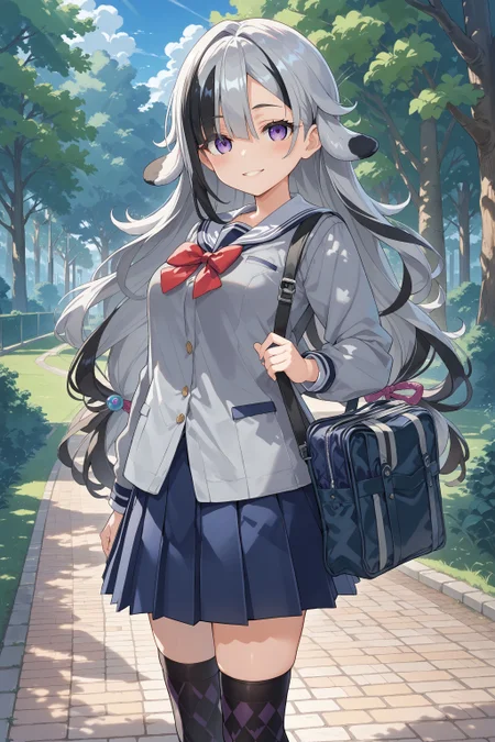 score_max, (score_9, score_8_up, score_7_up:1.2), score_6_up, official art, source_anime,
masterpiece, absurdres, high detail,
park, brick road, forest, god rays,
standing, holding school bag, light smile, blush, parted lips,
dia, cow ears, two-tone hair, streaked hair, single sidelock, low-tied long hair, school uniform, sailor collar, bowtie, red bow, gray shirt, long sleeves, pleated skirt, blue skirt, black thighhighs, argyle thighhighs, loafers,
<lora:XL_Pony_MGCM-acedia-t1:1.0>