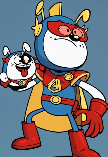 (score_9 | score_8_up | score_7_up) ((masterpiece:1))(best quality,very high quality,ultra detailed:1.2) (2D,cartoon style,anime style)(Smooth:2)(clean blurring) (four fingers on each hand,one thumb on each hand:1), solo, charles, dog, black spot on left eye, white, happy, red blue and yellow super hero costume, blue super hero costume, super hero, red goggles, two side winged headpiece, yellow cape, thick red boots, red glove, 'A' Logo in the middle, AP Puppet,hand puppet, dog puppet