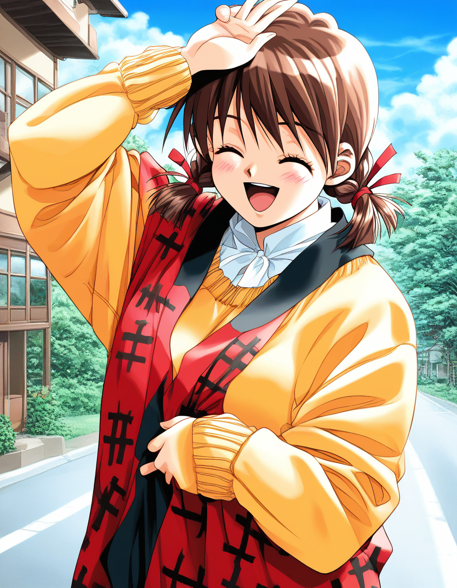score_9, score_8_up, score_7_up, source_anime, rating_explicit, BREAK <lora:Nagashima_Kumiko_XL:1>Nagashima_Kumiko, brown hair, brown eyes, hair ribbon, red ribbon, twin braids, bangs, short twintails,
1girl, solo, closed eyes, open mouth, outdoors, day, long sleeves, sweater, smile, blush, arm up, ^_^, upper body, happy, yellow sweater, building, haori, hanten (clothes), house, sky, :d, road, facing viewer