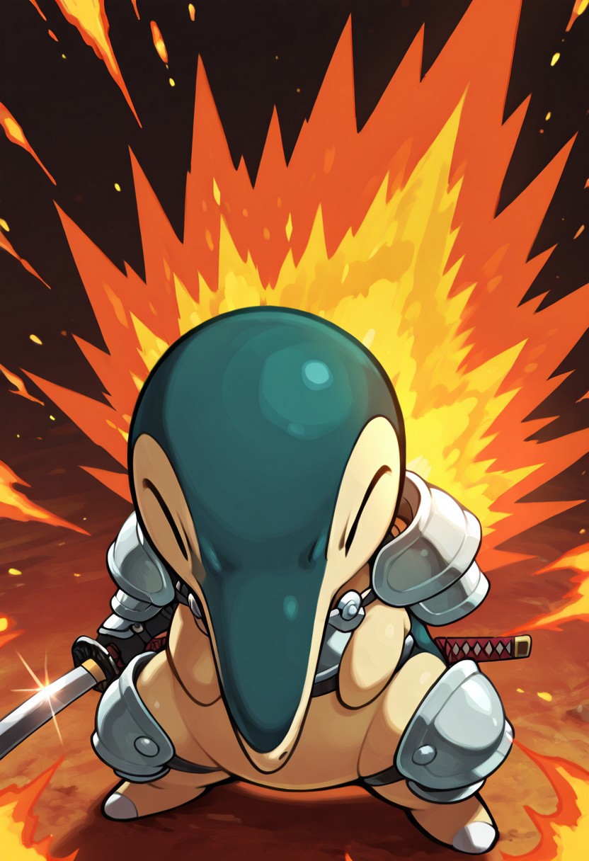 masterpiece, best quality, no humans, solo,    zzCyndaquil, wearing samurai armor on torso, holding katana, standing firm in a moonlit clearing, back flames erupting in a fiery burst as it braces for a charge, , <lora:CyndaquilPokedex_IXL:1.0>,