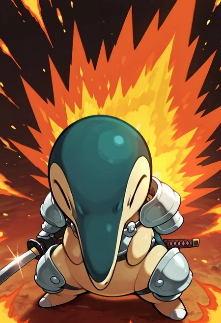 masterpiece, best quality, no humans, solo, zzCyndaquil, wearing samurai armor on torso, holding katana, standing firm in a moonlit clearing, back flames erupting in a fiery burst as it braces for a charge, , <lora:CyndaquilPokedex_IXL:1.0>,
