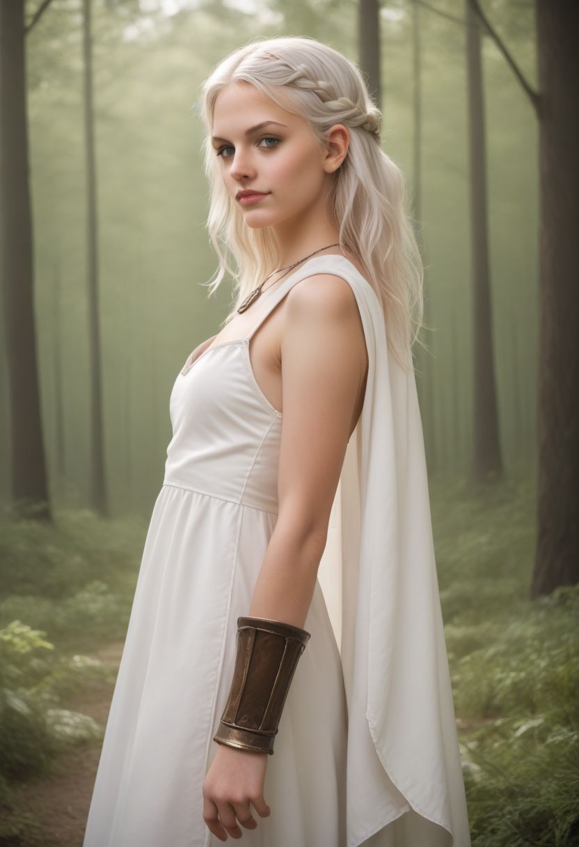 score_9, score_8_up, score_8_up, Expressiveh, RAW, photo, realistic, concept art, vignette, 1 gentle celtic girl posing dramatically in an verdant forest, long hair, white hair in celtic braid, broad shoulders, trees, white cloak, white dress, thin necklaces, bracers, cowboy shot, from side, looking at viewer, content, graceful, pure