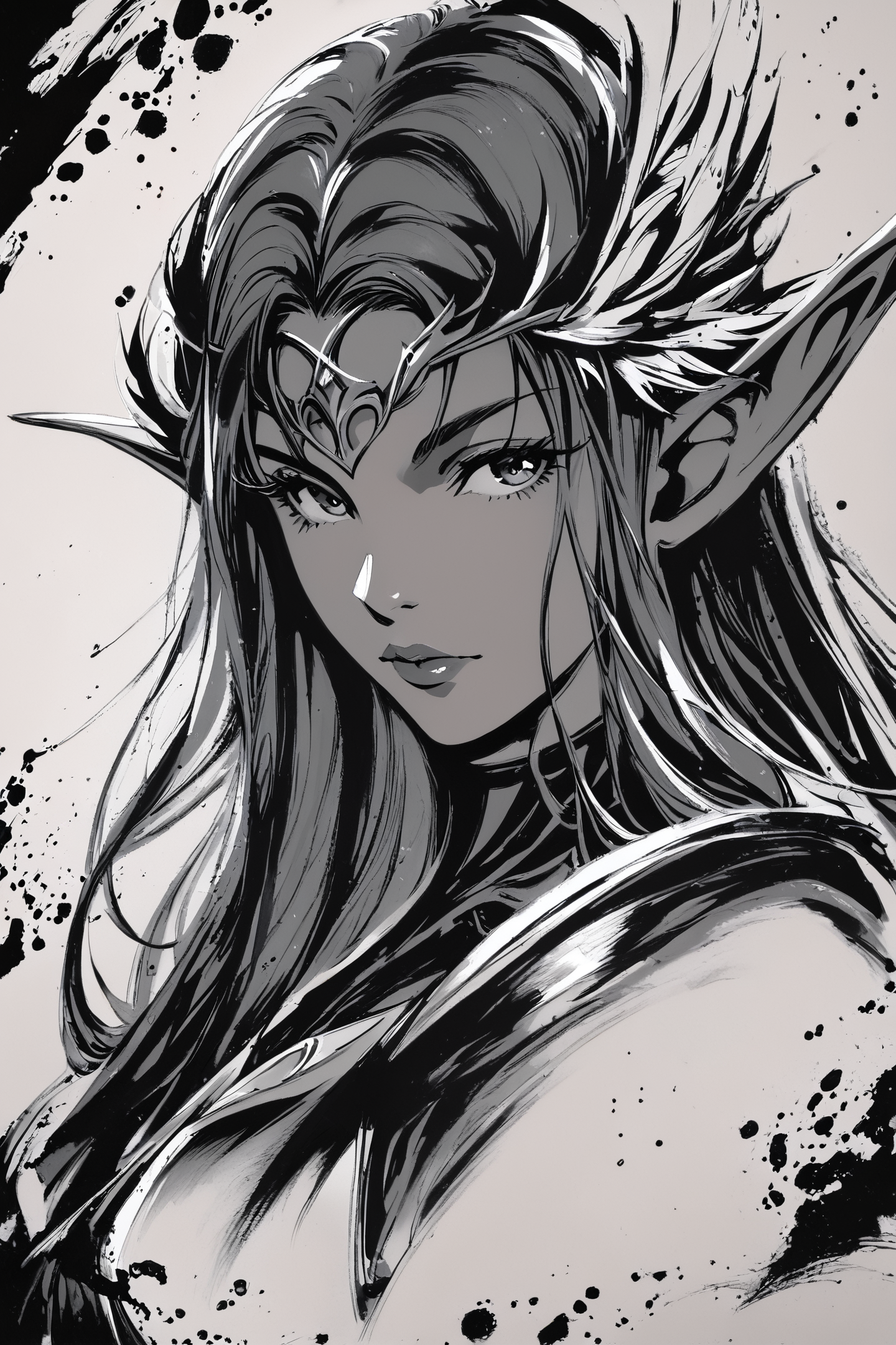 score_9,score_8_up,score_7_up,masterpiece,best quality,
ink \(medium\),monochrome,greyscale,1girl,pointy ears,solo,elf,long hair,looking at viewer,circlet,upper body,medium breasts,dress,sleeveless,lips,bangs,closed mouth,traditional media,
<lora:okazu_XL_PONY:1>,