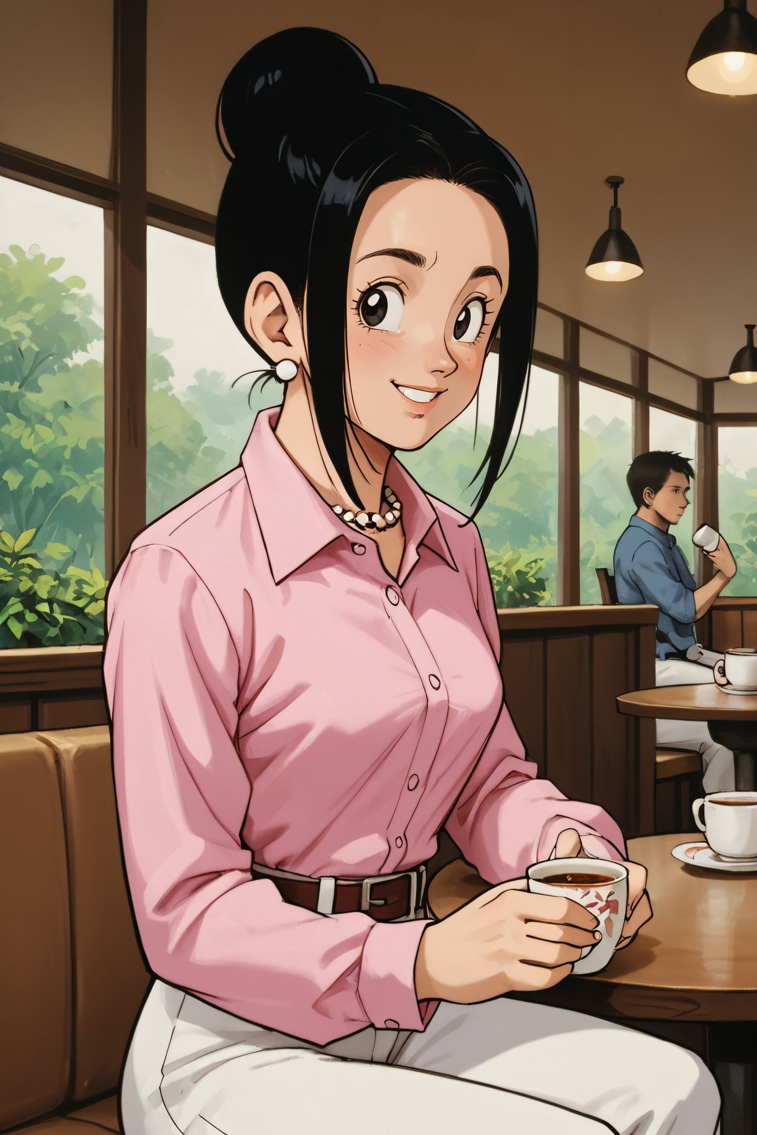zPDXL3,  <lora:chichi_pony_v2:.5>,
chi-chi, black hair, black eyes, single hair bun, hair bun, long sidelocks, pink collared shirt, long sleeves, pearl necklace, white pants, belt, looking at viewer, smiling, sitting, behind a table, upper body shot, inside cafe, holding tea cup, steam,