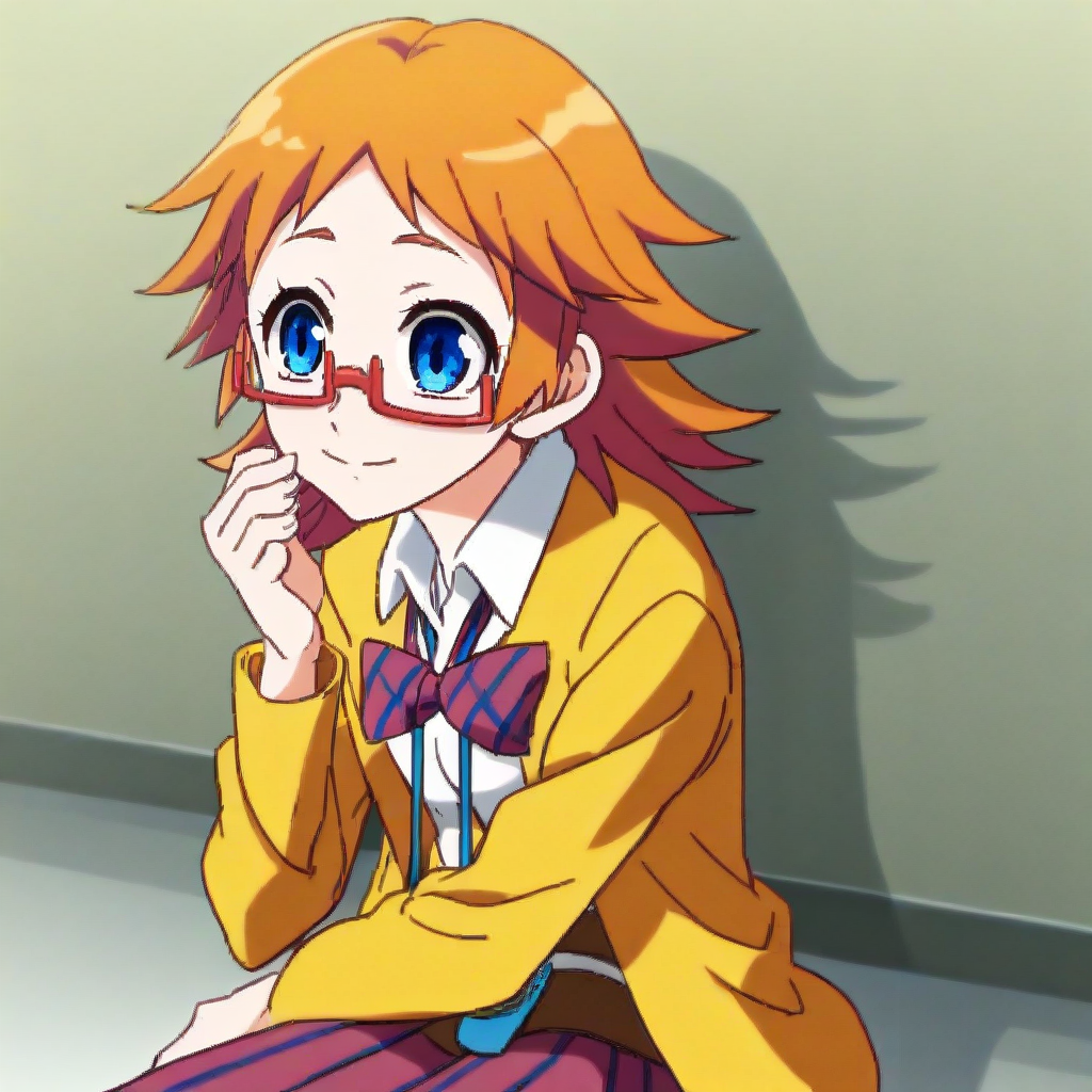 score_9, solo, akemi_mikan, orange hair, blue eyes, glasses, school uniform, jacket, cute, sitting