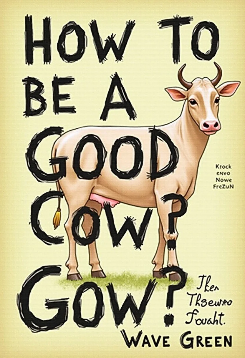 score_9, score_8_up, score_7_up,detailed background, Book cover,  unusual font,The caption, ‘How to be a good cow?’ by Wave  Green,‘For those who doubt.’