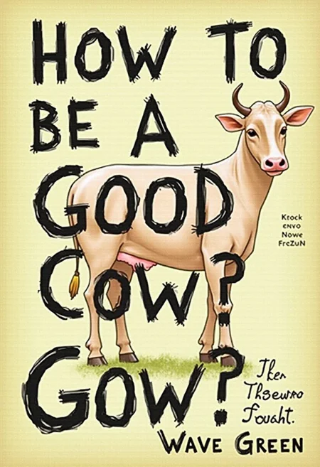 score_9, score_8_up, score_7_up,detailed background, Book cover, unusual font,The caption, ‘How to be a good cow?’ by Wave Green,‘For those who doubt.’