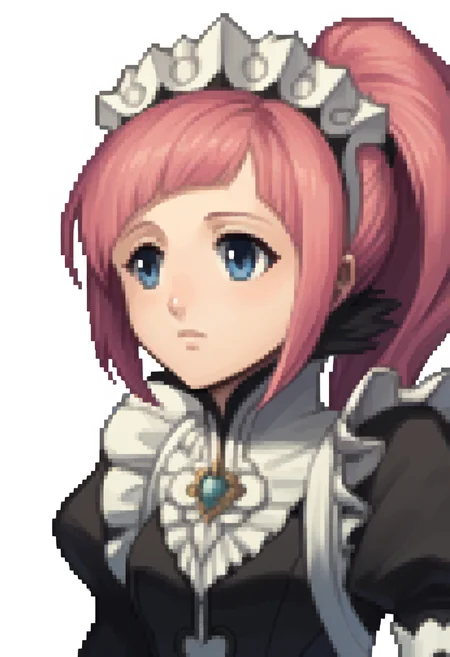 score_9, score_8_up, score_7_up, source_anime BREAK 1girl, solo,
<lora:zs_FEDSPortraitsXL:1> fedsportraits, portrait, white background
 <lora:felicia-fe-richy-v1_xl:1> feliciadef, pink hair, ponytail, blue eyes, maid headdress, brooch, maid apron, black thighhighs, bridal gauntlets,