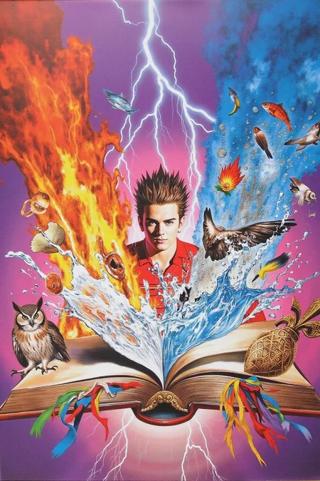chenu1 illustration.
A vibrant and surreal painting of a young man standing in the center, with an intense expression and spiked hair, surrounded by dynamic and fantastical elements. An open book floats in front of him, with its pages transforming into vivid, symbolic imagery: flames erupting from one side, water splashing and fish jumping on the other, lightning crackling above, and colorful ribbons, feathers, and tentacles flowing outward. An owl sits on one corner of the book, while a golden ornamental object decorates the other. The background is a gradient of bright purples and blues, adding an ethereal, dreamlike quality. The composition is energetic, with fine details and a mix of realism and fantasy elements, symbolizing imagination and knowledge. <lora:chenu2_poster_cap_d6a3:1.0><lora:822573876275046915:0>