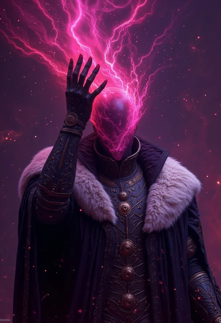 This high-quality digital artwork depicts a faceless god, holding up his hand to his face, holding the universe in his palm, getting ready to destroy all that it's birthed and created in one quick motion. The god has is has no face. Instead, where the gods face would be is a smooth, featureless, black surface, consumed by darkness with a swarm of beautiful stars scattered. The faceless god is clothed in an elegantly designed, dark, lightly  armored robe, with a white fur collar, that covers the spirits torso and arms. The background features a universe with colorful twinkling stars. The camera angle is leveled, looking at the faceless god, emphasizing it's gut wrenching situation. The depth of field is wide, keeping everything in sharp focus, highlighting every magnificent detail. The overall aesthetic quality is very high, showcasing excellent use of lighting and composition.((heavy pink and magentas)), text "I demand your buzz mortal"