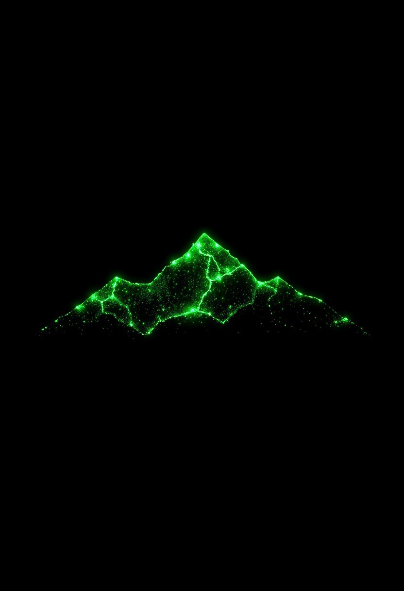 Minimalistic particle silhouette of a Mountain Range composed outlines of glowing green particles and digital noise. Simple and elegant, designed for icon-style usage. Soft glow dispersed light particles, subtle pixelation, and a smooth black background. High contrast, clean edges, and abstract form
