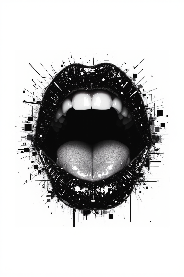 aidmafluxpro1.1.
Silhouette of lips, mouth slightly open with visible teeth, minimalist style, black and white, glitch art in the style of a halftone print artwork