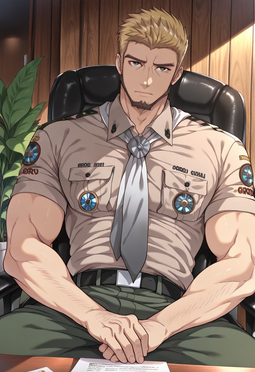 1boy, male focus, Goro, mature male, solo, looking at viewer, colorful warm blonde hair, closed mouth, facial hair, colorful warm brown beard, gray eyes, hand hair, brown-grey shirt, short sleeves, green pants, black belt, grey neckerchief, shaded, sitting on a chair at the table, office chair, wooden wall, office, indoors plant, indoors,  (masterpiece:1.35), (very aesthetic, best quality:1.3), detailed shading, detailed skin, realistic shading, highly detailed, intricate details, masterful composition, cinematic lighting, close-up, <lora:Goro_XL_V10_ILL:1>