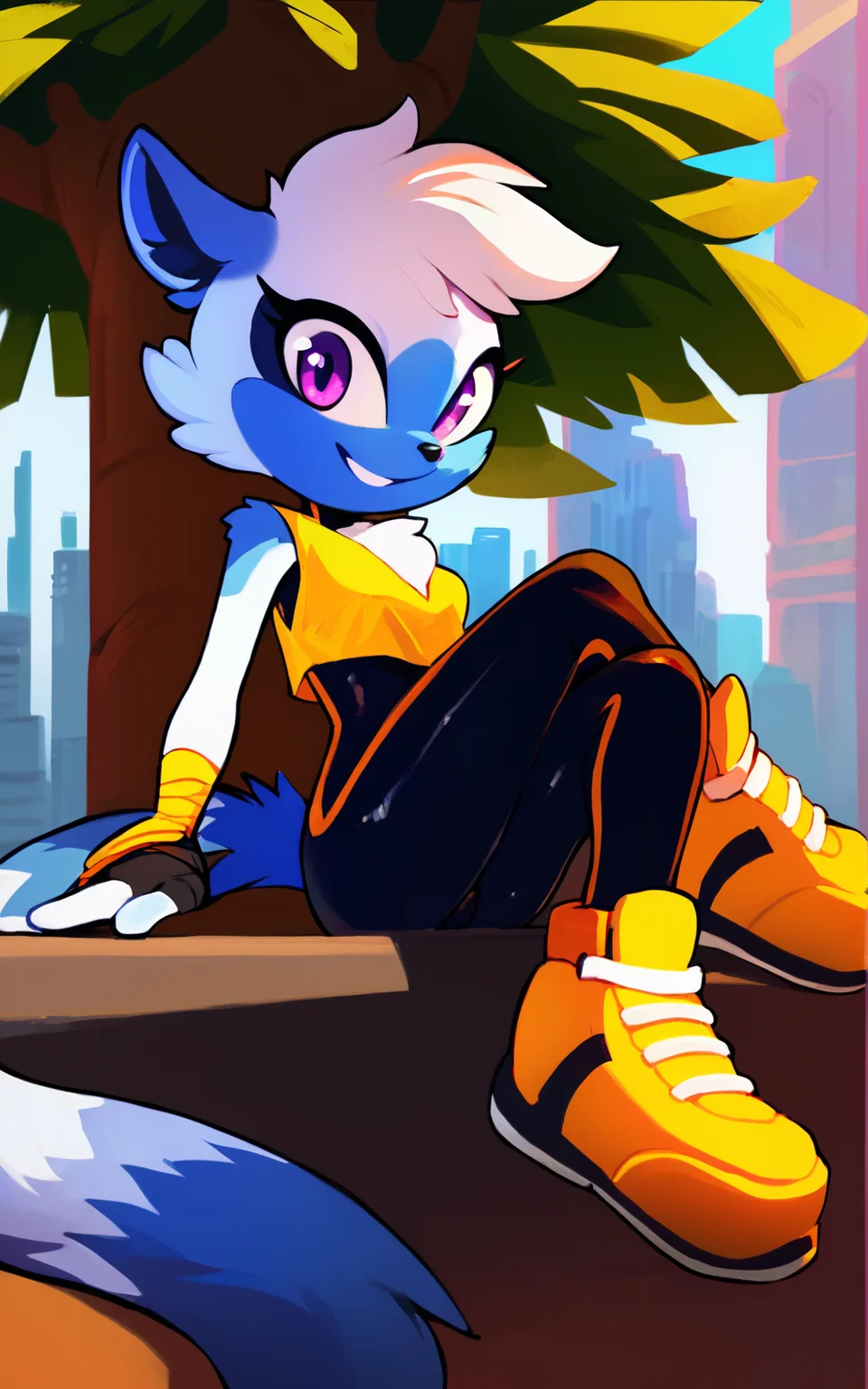 score_9, score_8_up, score_7_up,((best quality)),((full body)), absurdres,<lora:3d-2d:0.8>, <lora:TangleTheLemurSDXL:0.8>,TangleTheLemurSDXL,furry female, furry, gloves, tail, animal ears, fingerless gloves,purple eyes, short hair, shoes,animal nose,white hair,bodysuit, bandages, yellow footwear, skin tight,blue fur, black bodysuit, Sleeveless,yellow crop top,solo,slim,sitting on a tree branch, city,sci-fi,waving, looking at viewer,smile, Crossed legs