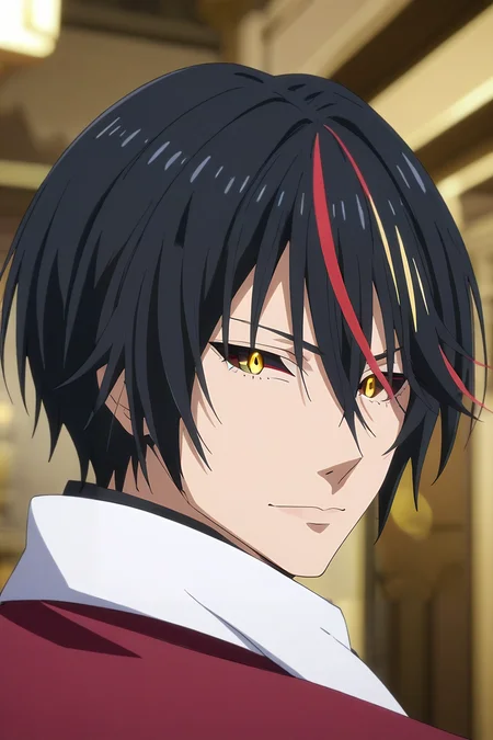 score_9, score_8_up, score_7_up, source_anime, rating_safe, intricate details, (3d:0.4), looking at viewer, depth of field, 1boy, solo, male focus, <lora:diablo_tensura_pony:0.98>, diablo_tensura, black hair, yellow eyes, multicolored hair, streaked hair, red hair, hair between eyes, colored sclera, close-up, palace, indoors, light, looking back, :\3, christmas costume, <lora:sdxl_lightning_8step_lora:1>