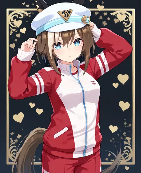 score_9, score_8_up, score_7_up, 1girl, (looking at viewer:1.2), (closed mouth:1.0), expressionless,, , heart background,,
(stylish pose:1.2),, (,:1.2),
<lora:pony_cheval_grand_v1.06:0.8>, horse ears, horse tail, black ear covers, cheval grand \(umamusume\), , medium small breasts, captain hat, short hair,
<lora:_sdxl-um-tracenjersey-pony:0.6>, red jacket, track jacket, sleeves past wrists, tracenjerseypants, red short pants,,