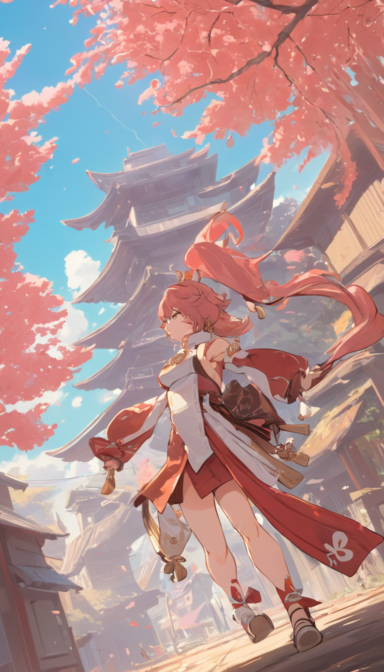 Cinematic scene, hero view, Yae Miko, Genshin Impact <lora:yae_miko_xl_v1:1>, action pose, detailed background, masterpiece, best quality, high quality, highres, absurdres, (Studio ghibli style, Art by Hayao Miyazaki:1.2), Anime Style, Manga Style, Hand drawn, cinematic, Sharp focus, humorous illustration, big depth of field, Masterpiece, concept art, trending on artstation, Vivid colors, Simplified style, trending on ArtStation, trending on CGSociety, Intricate, Vibrant colors, Soft Shading, Simplistic Features, Sharp Angles, Playful