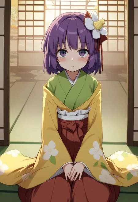 1girl, solo, akyuu, hieda_no_akyuu, touhou, hair_flower, green_kimono, long_sleeves, wide_sleeves, white_flower, red_skirt, yellow_kimono, floral_print, hands on own knees, blush, emotionless, sitting, looking at viewer, Japanese room, tobira, slide door, upper body, short female