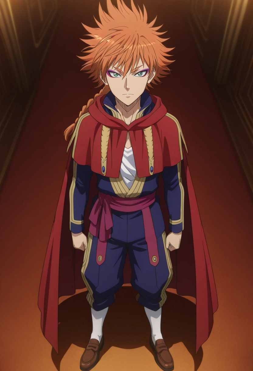 masterpiece, best quality, , anime screencap, anime coloring, official style, looking at viewer, 1boy, solo, male focus, <lora:leopold_vermillion_ilxl:0.98>, leopold_vermillion, orange hair, green eyes, spiked hair, long hair, braid, single braid, makeup, eyeshadow, eyeliner, cape, , Moroccan Seersucker pants, LemonZest Houndstooth Sleeveless muscle hoodie, Penny loafers, ,