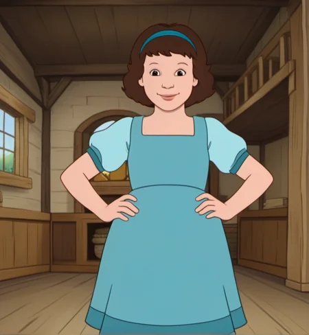 1girl, solo, emlb1, short hair, brown hair, hairband, smile, face focus, smile, hands on hips, wide stance, blue dress, brown footwear, blurred background, indoors, cottage, <lora:emlb1:1>,
