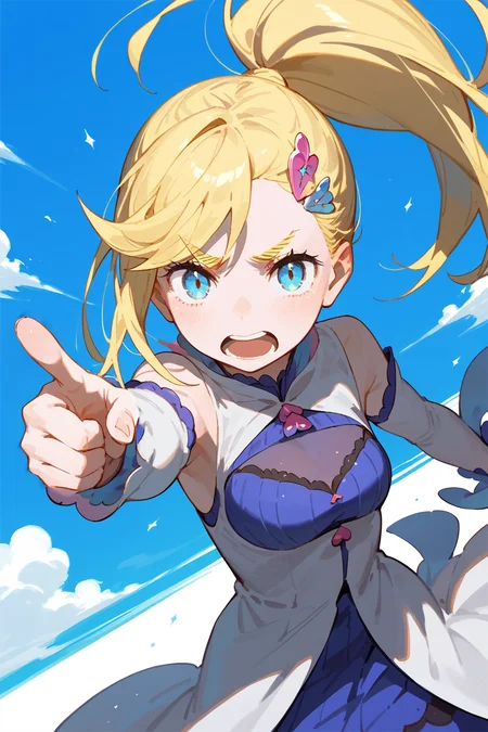 blonde hair, blue eyes, minerva, 1girl, solo, ponytail, dress, pointing at viewer <lora:Minerva_ReZero:1>