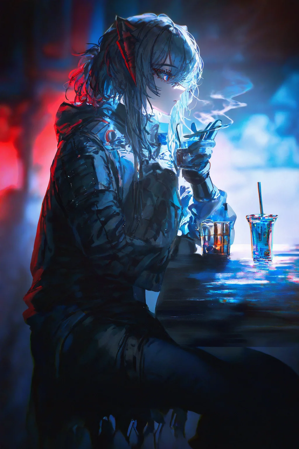 masterpiece,best quality,artist:john_kafka,artist:nixeu,artist:quasarcake,chromatic aberration,film grain,high contrast,color contrast,cold colors,gritty,graphite \\\\(medium\\\\),
1girl, w (arknights), smoke, calm, bar, sitting, holding drink, from side, holding smoke