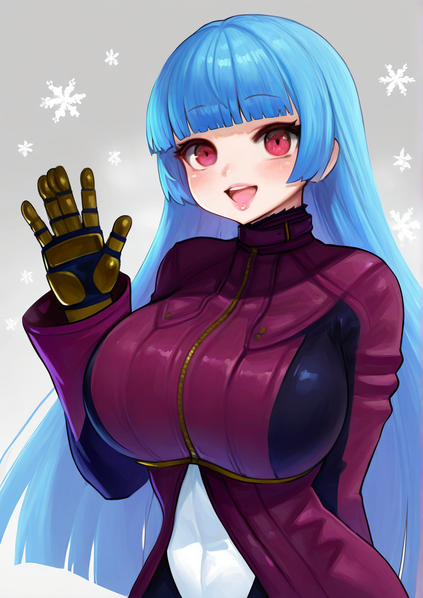 <lora:DoKoMoN_r1:1>,1girl, kula diamond, huge breasts, wide hips, :d, blue hair, blunt bangs, gloves, grey background, hand up, jacket, lips, long hair, long sleeves, open mouth, pink eyes, pink lips, purple jacket, smile, snowflakes, solo, upper body, waving, 
masterpiece, best quality, highres, absurdes,amazing quality