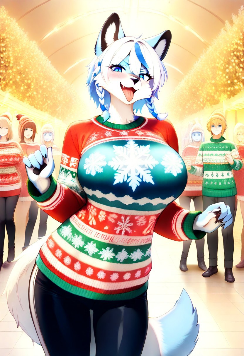 masterpiece, best quality, highly detailed, sfw, transformation, Felitia, round face, cute face, anthro, blue inners, aquamarine braid and hair, furry, black soft furry skin, female, cute, feline, vivid blue eyes, tail, large breasts, standing, giving a present to the viewer, tongue out, open mouth, smug, wearing a ((Christmas outfit Christmas sweater, (black pants)