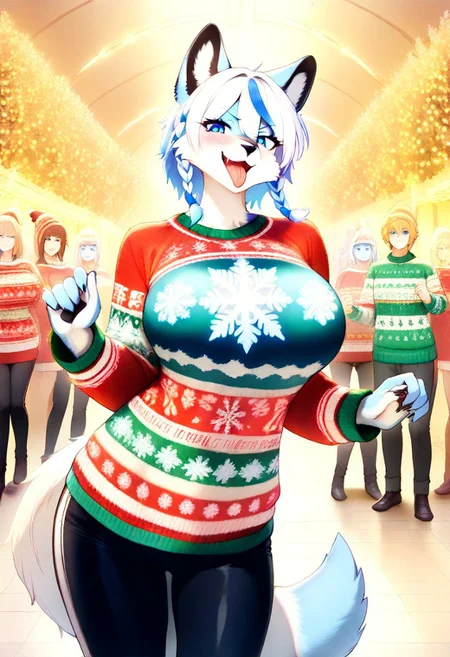 masterpiece, best quality, highly detailed, sfw, transformation, Felitia, round face, cute face, anthro, blue inners, aquamarine braid and hair, furry, black soft furry skin, female, cute, feline, vivid blue eyes, tail, large breasts, standing, giving a present to the viewer, tongue out, open mouth, smug, wearing a ((Christmas outfit Christmas sweater, (black pants)