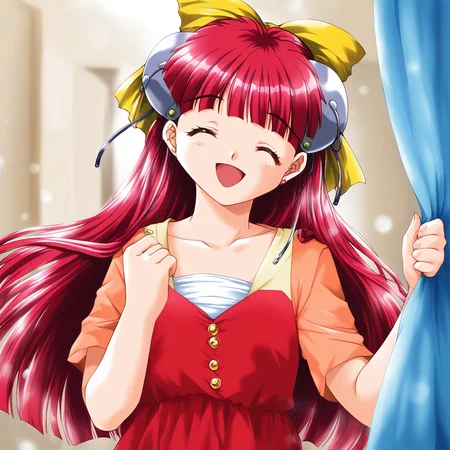 score_9, score_8_up, score_7_up, source_anime, rating_explicit, BREAK <lora:Nanako_RISE_XL:1>ãNanako_RISE, long hair, red hair, closed eyes, bangs, hair bow, headgear, yellow bow,
1girl, solo, closed eyes, smile, open mouth
room, curtain,