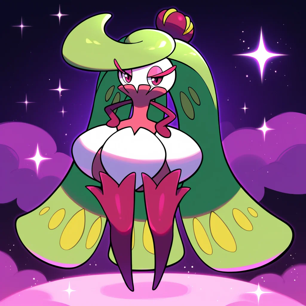 score_9_up, score_8_up, score_7_up, score_6_up, best quality, source_anime, soft shading, black background, sparkles, pink fog:1.4, pink clouds:1.4, BREAK 1girl, solo, tsareena, pokemon, flora fauna, green hair, long hair, wide hips, white head, eyelashes, pink eyeshadow, purple eyes, purple boots, standing, looking at viewer, hands on hips, narrowed eyes,   <lora:PDXL_Tsareena_PKMN:0.8>