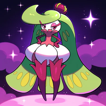score_9_up, score_8_up, score_7_up, score_6_up, best quality, source_anime, soft shading, black background, sparkles, pink fog:1.4, pink clouds:1.4, BREAK 1girl, solo, tsareena, pokemon, flora fauna, green hair, long hair, wide hips, white head, eyelashes, pink eyeshadow, purple eyes, purple boots, standing, looking at viewer, hands on hips, narrowed eyes, <lora:PDXL_Tsareena_PKMN:0.8>